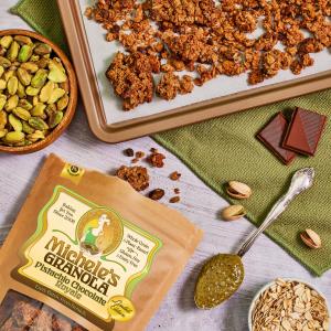 Pan of fresh Michele's Pistachio Chocolate Royale Granola