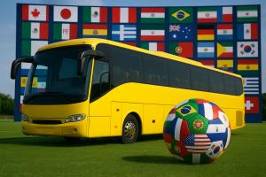 The picture represents bus service provided by TransportAzumah from selected hotels & transportation centers to stadiums hosting World Cup matches.