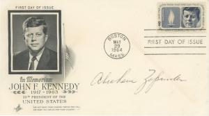 Abraham Zapruder autographed First Day Cover honoring John F. Kennedy, issued May 29, 1964, on the official USPS memorial stamp commemorating the late president. Estimate: $700-$900