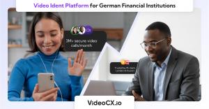 Split screen image showing a customer and a bank officer connected via live video using VideoCX.io’s Video Ident platform for secure digital identity verification.