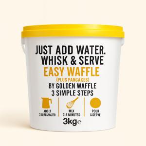 Golden Waffle Just Add Water waffle mix in a 7.5-litre commercial tub used in a professional hospitality kitchen.