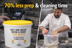 Split image showing Golden Waffle Just Add Water waffle mix tub alongside a chef cleaning a batter container, illustrating 70% less prep and cleaning time in hospitality kitchens.