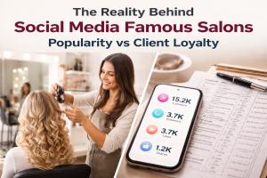 Split view showing a hairstylist working with a client alongside social media metrics on a phone screen, representing the difference between online popularity and repeat salon loyalty.