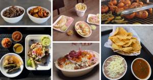 Collage of Backyard Taco menu items including tacos, bowls, chips, and sides.