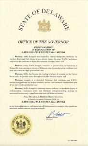 Official proclamation from Delaware Gov. Matt Meyer designating February 2026 as RAPA Scrapple Centennial Month.