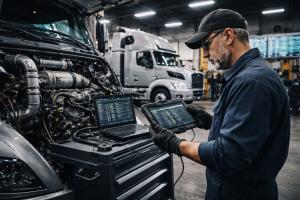 Diesel technician performing advanced diagnostics on a heavy-duty truck using a digital scan tool inside a commercial repair shop.
