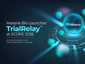 Dark blue and teal digital illustration announcing “Massive Bio Launches TrialRelay™ at SCOPE 2026,” featuring a glowing spherical interface labeled “powered by TrialRouter AI,” surrounded by flowing data elements and geometric patterns representing conne