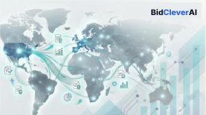 World map visualization showing interconnected government tender data and analytics flows across global regions, representing BidClever AI’s Tender Relevancy Scorer platform.