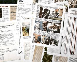 A fanned-out spread of printable mission files and paper puzzles for the 1950s cosmic horror game The Green Star.