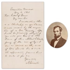 Abraham Lincoln autograph letter signed and dated May 6, 1861, just a few months into his presidency, requesting a Pension Office clerkship for Albert Brooks, from a man whom Lincoln had just nominated. Estimate: $15,000-$20,000
