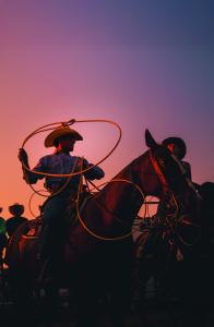 A National High School Finals Rodeo cowboy swings a lasso from horseback at sunset