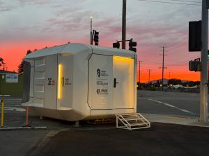 E3 space capsule house staged in Fulton, California