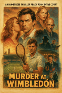 The Indiana Jones inspired hand drawn poster for "Murder at Wimbledon" is colorful and thrilling reminiscent of Saturday Matinees