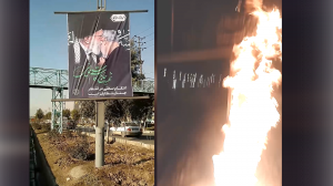 Tehran - Khavaran - Iran Torching posters of Soleimani and Bassij base amid Regime’s street circus