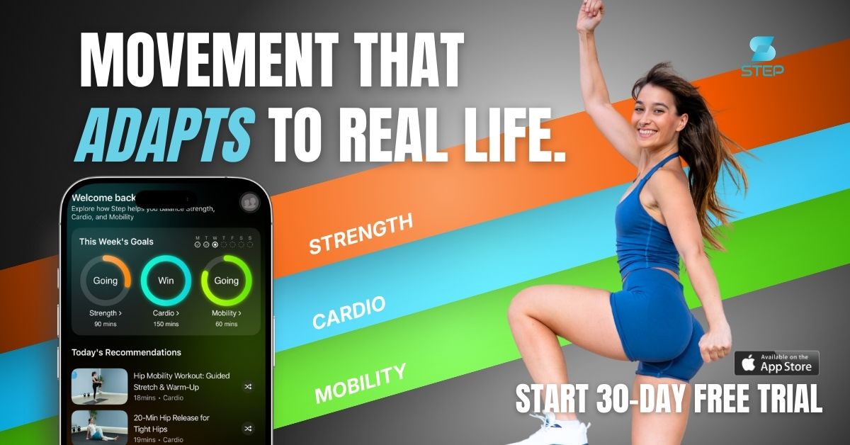 Woman performing a dynamic fitness movement next to the Step V2 app displaying weekly goals for strength, cardio, and mobility, highlighting adaptive movement for real life.