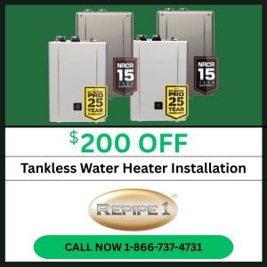 Tankless water heater installation promotion showing multiple units, a $200 off offer, the Repipe1 logo, and a call-now phone number.