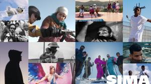 A collage of documentary film stills showing diverse people and scenes: polar bears on ice; a historical civil rights press moment; women working outdoors; girls skateboarding; a young person behind a fence; intimate black-and-white portraits; families em