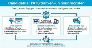 Schéma fonctionnel de Candidatus V5 illustrant ses trois piliers interconnectés : 1. ATS & Gestion (Multidiffusion, IA, Nurturing), 2. Marque Employeur (Site Carrière multipage), 3. Engagement 24/7 (Chatbot RH). Le visuel met en avant l'unification des ou