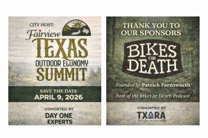 Logo for Texas Outdoor Economy Summit with Save the Date April 9, 2026 chohosted by Day One Experts and Texas Outdoor Recreation Alliance sponsored by Bikes or Death podcast logo