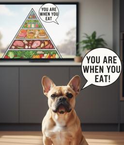 A French Bulldog looks directly at the camera in a modern home. Behind it, a television displays a food pyramid filled with whole foods like vegetables and meats. Speech bubbles from both the dog and the TV screen state: "YOU ARE WHEN YOU EAT!" MYTSV.COM