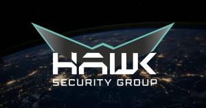 HAWK Security Group logo over a view of Earth from space at night with city lights. Text reads: “HAWK SECURITY GROUP”.