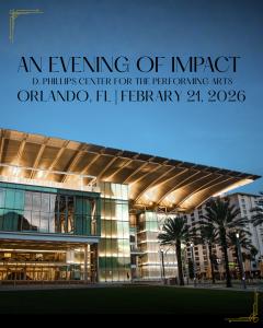 An invitation to the event, showing the front lawn of the Dr. Phillips Center for the Performing Arts