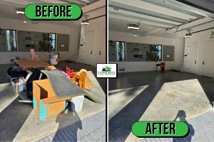 A before and after graphic that consists of a cluttered garage on the left "before" and the same garage cleaned out on right right "after"