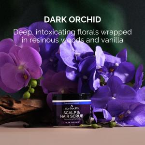 Zion Health Deep Cleansing Scalp & Hair Scrub Pheromone Infused Dark Orchid displayed with orchid flowers, highlighting a mineral-rich exfoliating formula designed to purify the scalp and revitalize hair.
