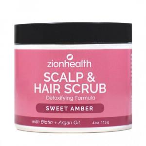 Zion Health Deep Cleansing Scalp & Hair Scrub Sweet Amber 4 oz jar displayed on a white background, highlighting a mineral-based exfoliating formula with biotin and argan oil.