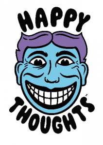 Happy Thoughts Logo with Happy on the top and Thoughts on the bottom. In the middle is the brand's mascot.  It is a cartoonish male face with a broad smile and pink hair.