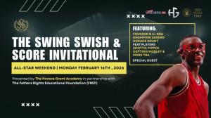 Main flyer for the Swing Swish & Score Golf Invitational during NBA All-Star Weekend Los Angeles 2026 at South Hills Country Club.