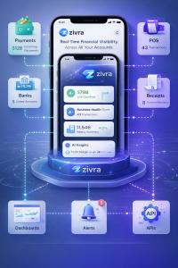 Illustration of Zivra AI platform connecting payments, bank accounts, POS transactions, and receipts to dashboards, alerts, and APIs