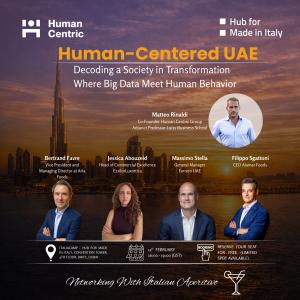 Promotional banner of Human-Centered UAE event in Dubai featuring Matteo Rinaldi and executives from Ferrero UAE, EssilorLuxottica, Alamar Foods and Arla Foods with Dubai skyline background and event details.
