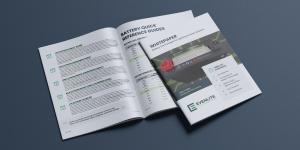 An open white paper titled "Battery Technologies for Lighting Inverter Systems" by Evenlite, laid out on a dark surface. The left page details various lithium battery chemistries like LCO, LMO, NMC, NCA, and LTO, while the right page features a "Battery Q