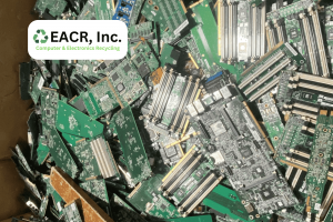 Various types of circuit boards in a Gaylord box for recycling