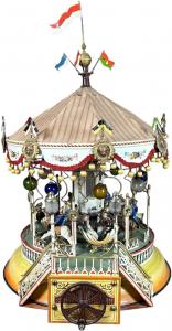 Early Marklin (German) hand-painted early musical carousel, finely crafted and hand-painted with ornate railings, decorative lamp globes, and the original striped canopy, $120,000