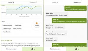 Screenshot preview of E-MetroTel’s AI-powered business calling interface showing live sentiment analysis, key conversation topics, and an automated call summary alongside a call transcript.