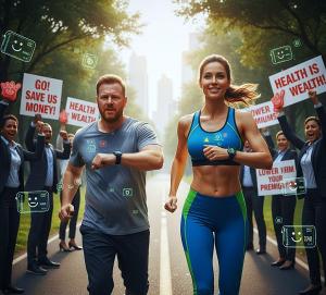 A man and a woman jogging together in a city park wearing smart fitness trackers, while a group of people behind them hold protest signs reading “Health Is Wealth” and “Lower Your Premiums,” with digital health icons floating around, symbolizing data-driv