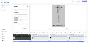 User interface of TokTak AI video editor displaying a scene editing sidebar with options for style and subtitles, a central video preview of a cosmetic product, and a bottom timeline showing multiple video scenes and a background music track.