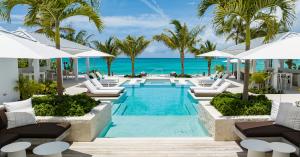 the pool deck surrounded by palm trees at Milestone villa in Turks and Caicos