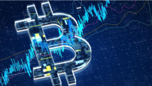 Stylized digital Bitcoin symbol overlaid with real-time trading charts and data streams, representing SCMB Exchange’s institutional-grade cryptocurrency infrastructure, AI-driven risk control systems, and transparent, regulated digital asset markets.