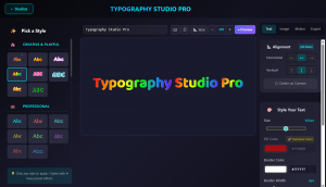 Typography Studio Pro editor interface showing rainbow gradient text "Typography Studio Pro" on a dark canvas, with font picker panel on the left displaying Creative & Playful and Professional categories, and style controls on the right including alignmen
