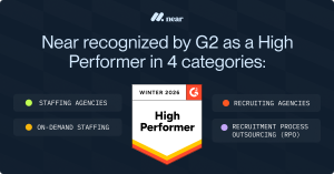 Near recognized as G2 High Performer in four categories: Staffing Agencies, Recruiting Agencies, On-Demand Staffing, and Recruitment Process Outsourcing (RPO)