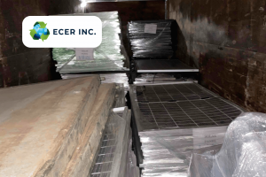 Trailer full of palletized solar panels for recycling