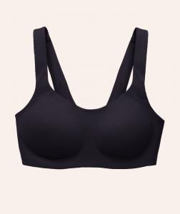 Product image of Huug’s best-selling Daily Embrace wire-free bra in black on a light background.