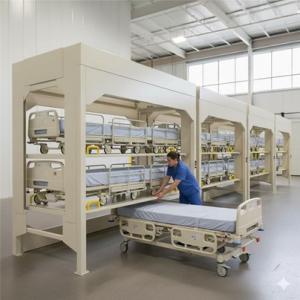 Universal Hospital Bed Stacker Storage System storing hospital beds vertically in a healthcare facility