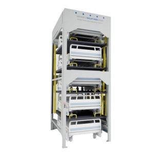 Universal Hospital Bed Stacker Storage System storing multiple hospital beds vertically in a compact configuration