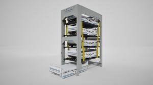 Hospital bed being retrieved from the Universal Hospital Bed Stacker Storage System during vertical storage operation