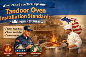Health inspector checking tandoor oven installation standards in a Michigan restaurant kitchen, emphasizing ventilation, fire safety, and hygiene.