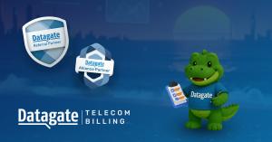 Illustration of Datagate’s Partner Program showing referral and alliance partner badges alongside Datagator, the Datagate mascot, representing simplified telecom billing for MSPs